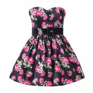 F21 Forever 21 Strapless Floral Fit & Flare Dress Belted Size Large Pink Black
